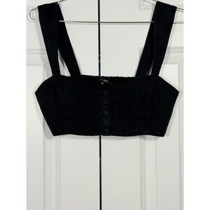 Madewell Womens Black Linen Button Front Smocked Back Crop Top Tank Size 6